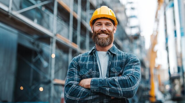 Construction worker portrait: A skilled construction worker, adorned in a hardhat, stands confidently with arms crossed, exuding reliability and expertise amid the architectural framework.