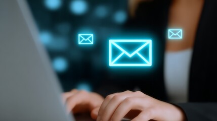 Professional woman productively typing on modern laptop with prominent glowing email notification icon signaling important communication.