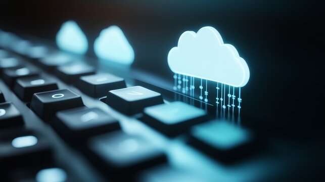 Digital cloud concept ethereal cloud formation resting gently on computer keyboard keys symbolizing information technology and virtual connectivity.