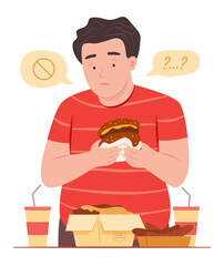 Chubby Man Hesitate to Eating the Fast Food for Unhealthy Food Eating Lifestyle Concept Illustration