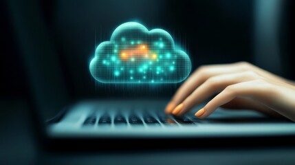 Professional person utilizing laptop for cloud computing tasks digital workstation displaying data storage icon network technology.