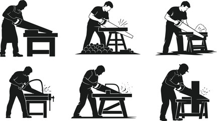 Silhouette carpenters cutting wood with hand saws, woodworking illustration showing manual sawing techniques, craft labor, carpentry skills, construction workshop tasks and wood-cutting process
