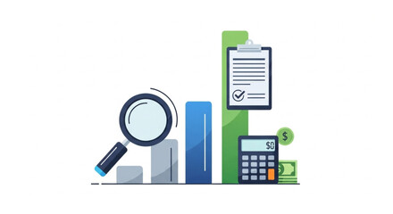 Financial Data Analysis Illustration with Charts, Calculator and Documents