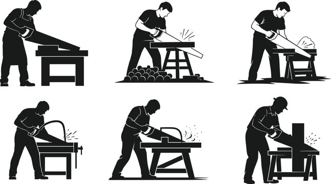 Silhouette carpenters cutting wood with hand saws, woodworking illustration showing manual sawing techniques, craft labor, carpentry skills, construction workshop tasks and wood-cutting process