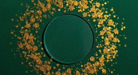A circular green makeup compact surrounded by golden glitter particles