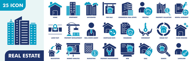 Real Estate Icon Set Collection. Consist Of Home, Apartment, Skyscraper, For Sale, Commercial Real Estate, Realtor, Property Valuation, Rental Agreement, Land Plot. Simple Flat Vector Illustration.