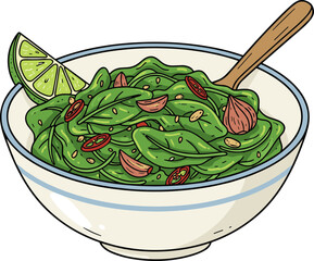 Colorful Handdrawn Spinach Salad with Lime and Shallot in Bowl Illustration