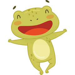 Joyful Cartoon Frog Character With Open Mouth and Closed Eyes Arms Spread Wide In A Happy Pose