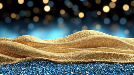 Sparkling Golden Waves on Glittering Blue Background with Bokeh