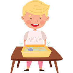Joyful Blond Haired Boy In A White T Shirt And Pink Pants Happily Plays With A Fish In A Water Play Table With Transparent Background