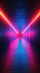 Vibrant Neon Illuminated Corridor with Reflection Effects