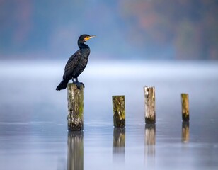 A black bird with a yellow beak perches atop a wooden piling in a tranquil body of water, foggy background