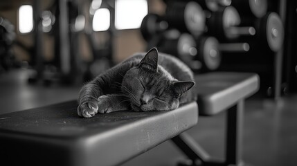 Gray Cat Sleeping Peacefully on Weight Bench in Gym Setting
