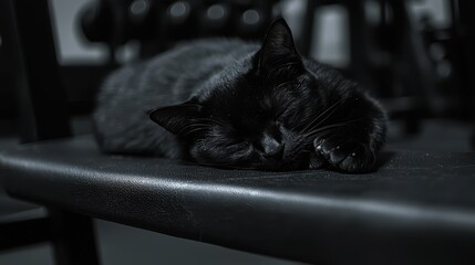 Black Cat Sleeping Peacefully on a Bench in Gym Environment