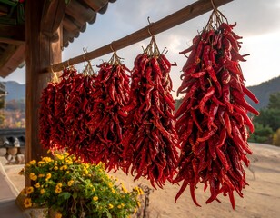 Close-up of vibrant red chili peppers hanging to dry. Sunlit outdoor setting with a rustic wooden structure and greenery