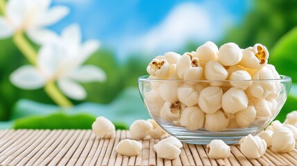 Fresh Popcorn in a Glass Bowl with Natural Background Display