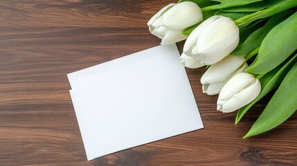 Fresh White Tulips Next to Blank Card on Wooden Background