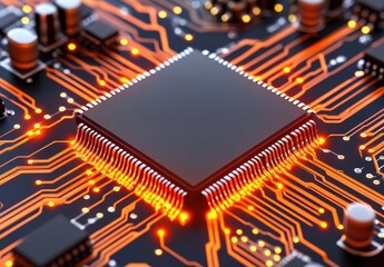 Close-Up View of Circuit Board with Microchip and Glowing Elements