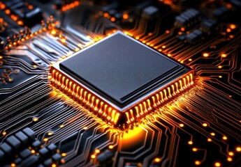 Circuit Board Close-Up with Glowing Microprocessor and Connections