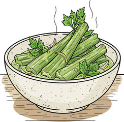 Artistic Lineart Celery Dish Illustration with Parsley and Garlic in Bowl