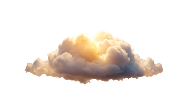 A single, fluffy cumulus cloud with a warm, golden glow from sunlight, isolated on a pure transparent background