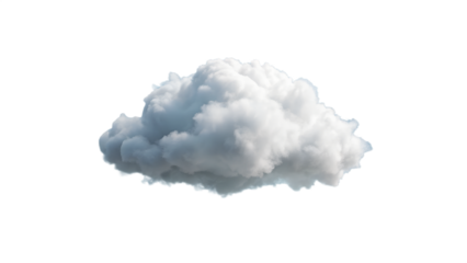 A dense, white cumulus cloud with subtle grey undertones, isolated on a stark transparent background, showcasing its voluminous texture