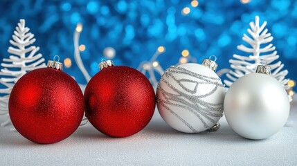 Elegant Red and White Christmas Ornaments on Sparkling Background