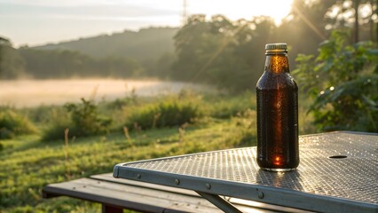 Cold Brew Coffee Bottle on Outdoor Picnic Table. Dewy cold brew bottle on a picnic metal table in morning light, blurred greenery in background — fresh outdoor vibe.