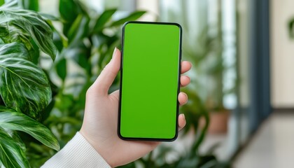 Hand Holding Smartphone with Green Screen Among Indoor Plants