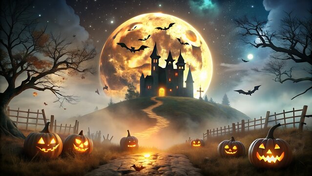 Spooky halloween night scene with a haunted castle on a hill under a giant full moon, illuminated jackolanterns, and bats flying in the eerie, misty atmosphere