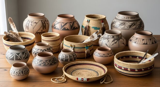 A diverse collection of traditional Native American pottery and woven baskets showcasing intricate designs and craftsmanship. - Powered by Adobe