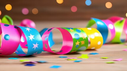 Colorful Party Streamers and Confetti on Wooden Background