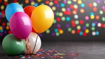 Colorful Balloons on Dark Background with Confetti for Celebration