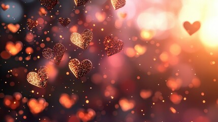 Glittering Hearts Floating in Colorful Bokeh at Sunset