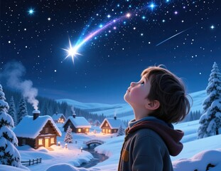 A Child Gazes at a Starry Sky in a Winter Wonderland