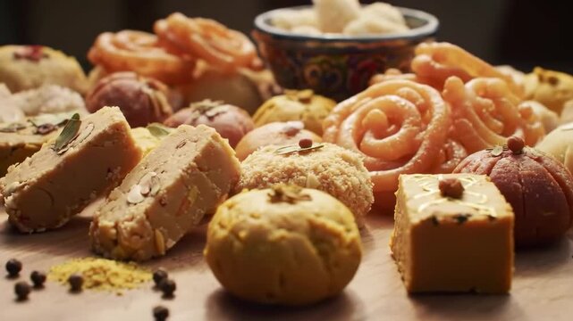 Variety of Indian sweets arranged on a table, blurred background for celebration. Use food photography