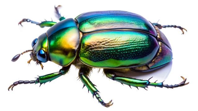 Closeup studio shot of a metallic green and blue iridescent scarab beetle with intricate details on its exoskeleton, isolated on a pure transparent background