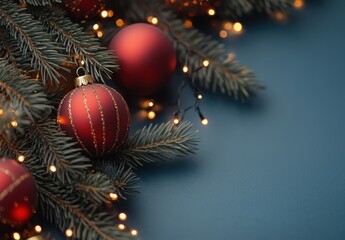 Festive Red Christmas Ornaments with Twinkling Lights on Fir Branches
