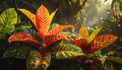 Vibrant tropical croton leaves in warm sunlight showcasing nature's intricate patterns