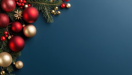 Festive Christmas Ornaments with Red and Gold Decorations on Blue