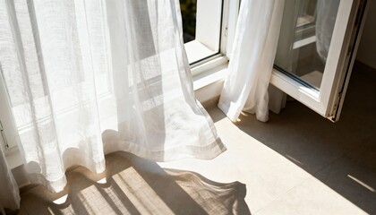 Sunlit curtains gently moving in breeze over floor, soft midday light, photorealistic style