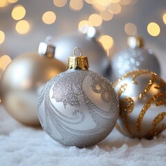 Elegant Silver and Gold Christmas Ornaments on Soft White Background