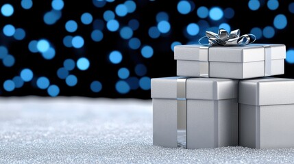 Silver Gift Boxes on Glittery Background with Blue Bokeh Lights