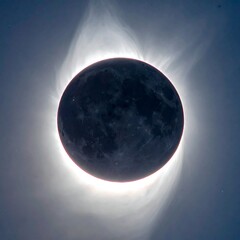A breathtaking celestial event featuring a dark circular form encircled by a radiant, corona-like halo against a light-blue sky