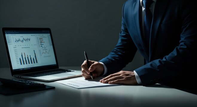 Precision and Analysis: A focused professional meticulously reviews financial documents, poised at a desk illuminated by the cool glow of a laptop screen.
