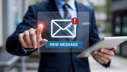 A businessman in a suit interacting with a digital interface showing a glowing envelope icon with a red alert and a new message button in a workspace