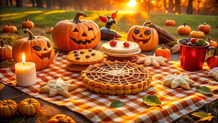 A charming halloween picnic spread on a checkered blanket outdoors, featuring carved pumpkins, a spiderweb pie, cookies, and a candle, set against a warm, autumnal sunset