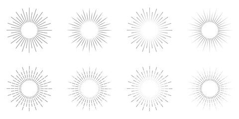 Radial circle lines. Circular lines elements. Symbol of Sun star rays. Spokes with radiating stripes. Retro burst elements decorative celebration design elements.  Line burst vector illustration.
