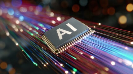 AI Processor's Core in Data Flow: Close-up of an AI processor, the core of advanced technology. The processor sits atop a sea of vibrant, flowing data streams.