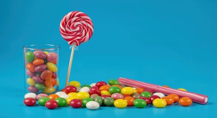 Sweet Temptations: A vibrant assortment of colorful candies beckons, featuring a lollipop, a glass of jelly beans, and a long candy on a striking blue backdrop.